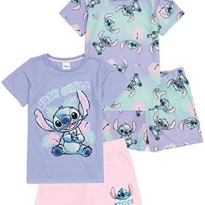 Disney Lilo and Stitch Girls 2er Pack Pyjama | Kinder Pink Lila Just Chill animierte Alien T-Shirts Shorts Set Film Nachtwäsche Merchandise
