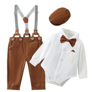 Amisssz Baby Jungen Gentleman Anzug, 4tlg Kinder Hochzeit Festlich Taufe Strampler mit Bowtie Hemden + Hosenträger Overalls Braun 12-18 Monate