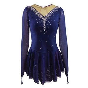 LIUHUO Mädchen Eiskunstlaufkleid Stretch Mesh Diamant Haken Ärmel in Vier Farben, Blau, 12-15 Jahre