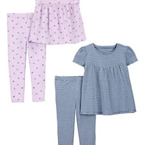 Simple Joys by Carter's Baby-Mädchen 4-Piece Short-Sleeve Shirts and Pants Playwear-Sets, Blau Streifen/Lila Früchte, 4 Jahre (2er Pack)