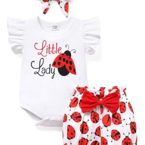 PATPAT Baby Kleidung Mädchen Baumwolle Neugeborenen Strampler Kleidung, Kurze Ärmel | Ärmellos+ Schleifenshorts + Stirnband Bekleidungssets für Mädchen, 3Pcs Sommer 0-18 Monate Geschenk