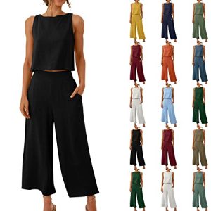 EMATOP 2 Teiler Hosenanzug Damen Elegant Zweiteiler Outfit Sommer Ärmelloses Tank Top und Hose Trainingsanzug Baumwolle Leinen Freizeitanzug mit Taschen Sportanzug Leicht Einfarbig Loungewear