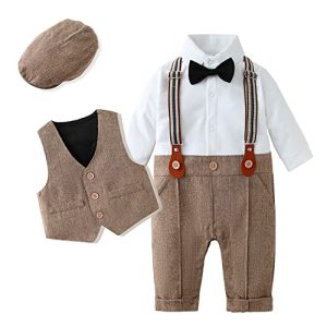 Amissz Baby Jungen Bekleidungssets 3tlg Strampler + Weste + Hut Fliege Krawatte Gentleman Set Baby Taufe Anzug - Braun - Größe 3/6 Monate