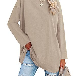 Ebifin Oversize Langarmshirt Damen Longshirt Rundhalsausschnitt Oberteil Langarm T Shirts Pullover Basic Tunika Tee Tops.Khaki.XXL