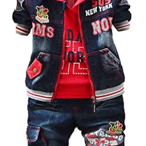 Yao 1-5Jahre Frühling Herbst kleiner Baby Junge Kleidungsset 3 Stück Langärmliges Kapuzen T-Shirt Jeansjacke und Jeans(1-2J, Blau)