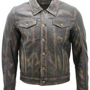 Infinity Leather Herren Trucker Beiläufig Jahrgang Schwarz Lederhemd Jeans Jacke XL