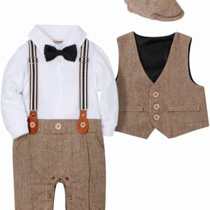 SANMIO Baby Jungen Bekleidung Set, Taufe Junge 3tlg with Fliege + Weste + Hut Gentleman Langarm Anzug Outfit für Festlich Geburtstag Hochzeit, 6-9 Monate(Körpergröße 70), Braun
