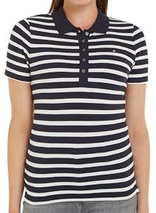 Tommy Hilfiger Damen Poloshirt Kurzarm 1985 Slim Pique Stripe Polo Ss Slim Fit, Mehrfarbig (Breton Ecru/Desert Sky), L