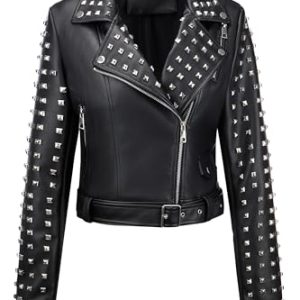 Giolshon Damen Motorradjacke aus Lederimitat mit Nieten lässig kurz Moto-Biker-Mantel Herbst-Outfits modische Kleidung 2024 3221 Schwarz L