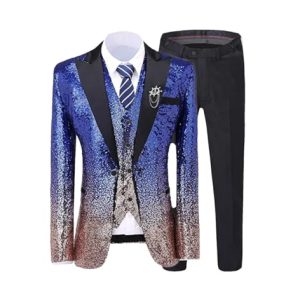 Herren 3-teiliges Set mit glänzenden Pailletten, Revers für Hochzeit, Party, Bräutigam, Bankett, Nachtclub, Blazer + Weste + Hose, Königsblau-Gold, XS