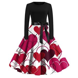 samt Kleid Damen Damen Strickkleid Partykleid Damen Elegant Valentinstag Herz Muster Drucken A Linien Rockabilly Kleid mit Bow Rundhals Langarm Knielang Swing Ballkleid Festkleider