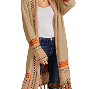 FERBIA Damen Boho Cardigan Pullover Lang Offene Vorderseite Maxi Strick Pullover Azteken Tribal Quaste Fransen Dünner Mantel, B-khaki, Klein