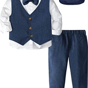 mintgreen Baby Anzug Junge, Hochzeits Fischgräten Tauf Outfits Gentleman Smoking mit Mütze, Blau, 2-3 Jahre, 100