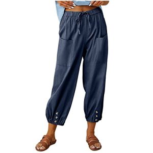 Leinenhose Damen 7/8 Lang Sommerhose Baumwolle Leinen Freizeithose Lässige Einfarbig Stoffhose Casual Loose Fit Strandhose mit Taschen Yogahose Elastische Taille Haremshose Caprihose