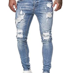 Osheoiso Herren Jeans Hose Slim Fit Denim Lange Destroyed Jeanshose für Männer Hip Hop Hose Coole Jungen Mode Stretch Freizeithose Schwarze Cargo Chino Hose Herbst A Hellblau XL