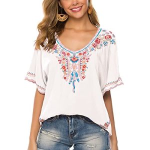 Vakakado Damen Sommer Boho Stickerei Mexikanische Bohemian Tops Bauer Halbarm V-Ausschnitt Shirt Tunika Blusen, 075-wt, 3X-Groß