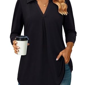 Siddhe Damen Bluse 3/4 Ärmel Oberteile V-Ausschnitt Tunika T-Shirt A-Linie Lockere Arbeits Longshirt Lässige Business Shirt Mode Süße Hemd Büro Damenblusen Einfarbig Schwarz, XXXL