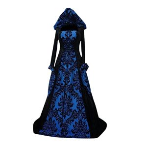 iHENGH Halloween Kostüm Damen Gothic Kleidung Übergröße Schnürkleid mit Kapuze, Vintage Mittelalter Kleid Trompetenärmel Maxikleider Renaissance Karneval Party Festlich Cosplay Dress (Z-Blau,4XL)