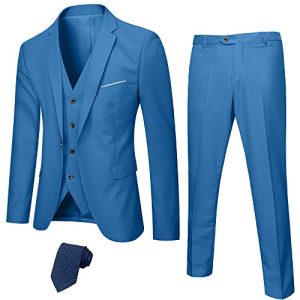 YND Herren Slim Fit 3-teiliges Anzug-Set, EIN-Knopf-Solid Blazer Weste Hose mit Krawatte, Hell, blau, XS