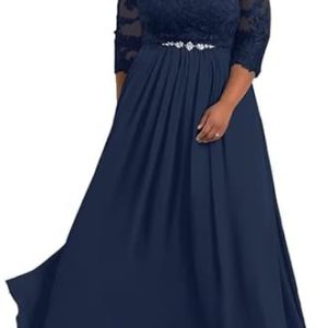 TANPAUL V-Ausschnitt Brautmutterkleider Spitze Applikationen Chiffon Gastkleider Abendkleid Marineblau 54