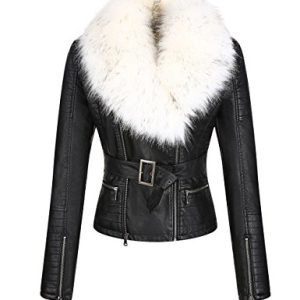 BELLIVERA Damen Lederjacke Winter Warm Kurz Moto Bikerjacke Wildleder Mantel mit Abnehmbarem Pelzkragen 9203 Weiß L