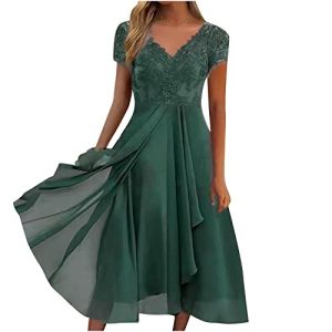 Damen Kleider Spitzenkleid Chiffon Cocktailkleid Abendkleider für Hochzeit Elegant Brautjungfernkleider Kurzarm V-Ausschnitt Partykleid Lange Kleid Festliches Ballkleid Swing Midikleid Große Größen