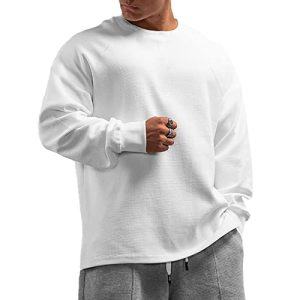 Muscle Alive Herren Basic Langarmshirts Waffel Sweatshirt Lockere Trainieren Zur Seite Fahren Rundhalsausschnitt Shirt Weiß M