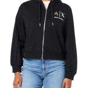 A|X Armani Exchange Women's Metallic Logo Zip Up Hooded Sweatshirt, Black, 38