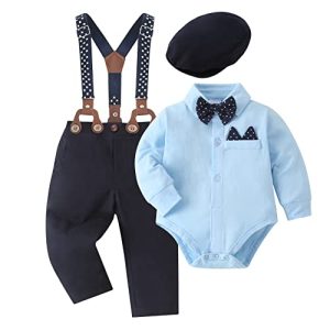 SOLOYEE Baby Jungen Bekleidungssets Taufanzug Strampler mit Fliege + Gentleman HosenträGer Baby Junge Hochzeit Outfit Set 4tlg Blau, 0-3 Monate