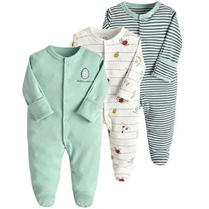 amropi Baby Mädchen Schlafstrampler 3er Pack Jungen Pyjamas Baumwolle Overalls Strampler 0-3 Monate,Grün Weiß Streifen