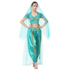 IMEKIS Damen Jasmin Kost?m Aladdin Prinzessin Cosplay Kleid Halloween Verkleiden Fancy Karneval Party Outfit Crop Top mit Hosen Kopftuch Arabischer Bauchtanz Kost?m Gr?n M