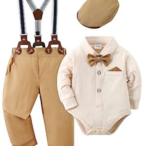 Amisssz Baby Jungen Gentleman Anzug, 4tlg Kinder Hochzeit Festlich Taufe Strampler mit Bowtie Hemden + Hosenträger Overalls Beige 3-6 Monate