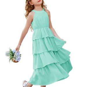 GRACE KARIN Kommunionkleid mädchen Kinder Chiffon Maxikleid Neckholder Kleider Prinzessin Kleid Kuchenrock Casual Kleid Festliches Hochzeit Partykleid Hellgrün 12 Jahre CL2772S24-07