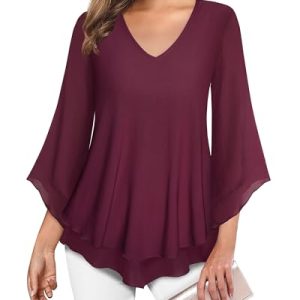 Datuhao Tunika Damen Elegant Festlich Bluse 3/4 Arm Damen Longshirt für Leggings, Abendblusen Damen Elegant Party Oberteil Damen Curvy Edel Blusen Tunika Lang Weinrote Bluse mit Glockenärmel,XL