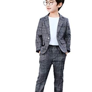 LOLANTA Kinder Grau Anzug, 2-teiliges festliches Set für Jungen, Hochzeits-Party-Outfits, Karierter Blazer und Hose, Abschlussball-Anlasskleidung, Dunkelgrau, 120