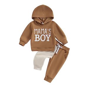 Geagodelia Baby Jungen Kleidung Outfit Babykleidung Set Langarm Kapuzenpullover Top + Hose Neugeborene Weiche Babyset Zweiteiler Patchwork (A - Kaffee, 2-3 Jahre)
