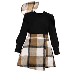 Kleinkind Kinder Kind Mädchen Langarm gerippt Feste Oberteile Bluse Karierter Rock mit Hut Outfit Set 3PCS Chinesische Neujahrskleidung für Mädchen (Black, 10-12 Years)