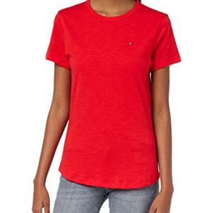 Tommy Hilfiger Damen T-Shirt Kurzarm 1985 Slub Slim Fit, Rot (Fireworks), XXL