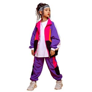LOLANTA Kinder Hip Hop Kostüm, Teenager Color Blocking Jacken Hose Tanz Kleidungsset(Lila,12-13 Jahre,Tag 170)