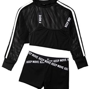 Jowowha Kinder Hip Hop Kleidung Mädchen Langarmshirt Crop Tops + Sport BH Bustier + Sport Shorts Streetwear Jazz Tanzkleidung Schwarz 146-152
