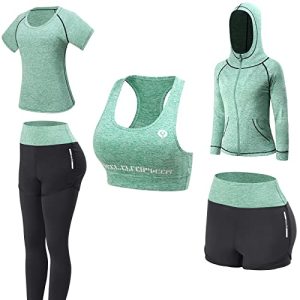 JULY'S SONG Yoga Kleidung Anzug 5er-Set Trainingsanzug Laufbekleidung Gym Fitness Kleidung (Grün, L)