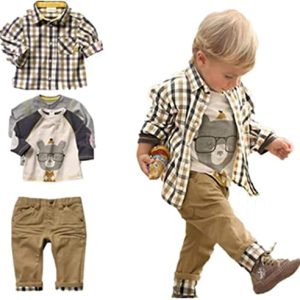 SOPO Kleinkind Jungen Casual 3-teiliges Set (T-Shirt + kariertes Hemd + Khaki Hose) 1-2 Jahre