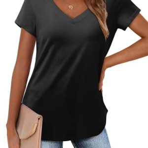 Amoretu Tshirt Damen Longshirt V Ausschnitt T-Shirt Lose Kurzarm Tunika Oberteile Schwarz L