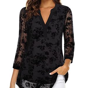 Vafoly Schwarze Blusen für Frauen Elegant Casual Arbeit Oberteile Damen V-Ausschnitt Dressy Tunika Tragen mit Leggings Floral Büro Kleidung Flowy Frühling Beflockte Schwarze Blumen XL