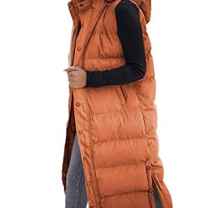 Tankaneo Damen Weste Gesteppte lange Steppweste mit Kapuze Langarm Button Down Puff Weste Baumwolle wattierte Jacke Wintermantel
