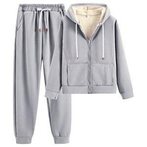 amropi Trainingsanzug Damen Winterjacke Kapuzenpullover und Jogginghose Warm VliesJogginganzug (Grau,M)