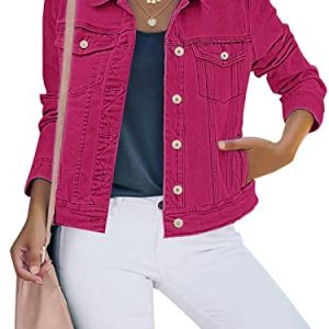 luvamia Damen Basic Button Down Stretch Fitted Long Sleeves Denim Jeans Jacke, Raspberry Rose Pink, M