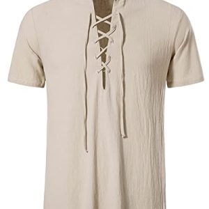 LUYANA Mittelalter Kleidung Herren Hemd Kurzarm Freizeit Einfarbig Schnürhemd Khaki 3XL