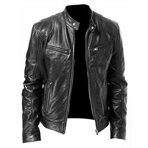 DHDHWL Lederjacke Herren Herrenjacke Lässig Mode Stehkragen Slim Faux Lederjacke Feste Farbe Lederjacke Männer Motorradjacke (Color : Schwarz, Size : XXL)