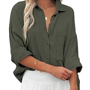 Zitiki Bluse Damen Baumwolle Lässiges Hemd V-Ausschnitt Langarm Elegant Oberteile Lose Shirts mit Brusttaschen (XX-Large, Militärgrün)